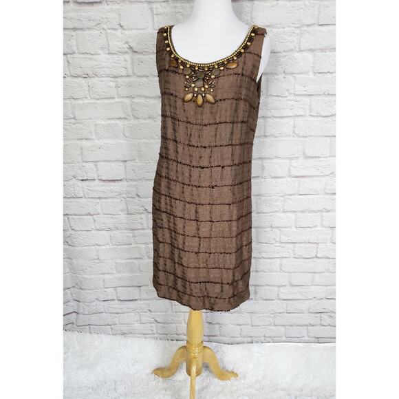 Eliza J Brown Silk Blended Dress Beaded Scoop Neck Back Zipper Size 8 - Picture 6 of 12